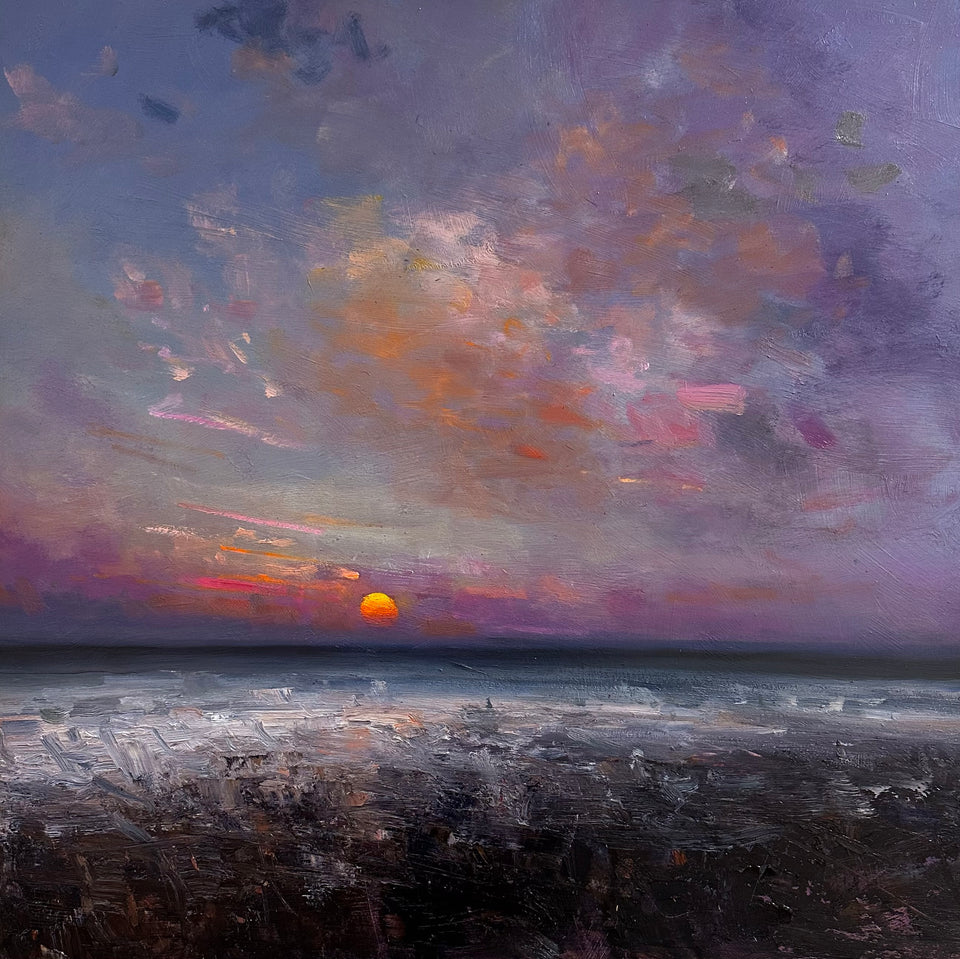 Oil on panel sunrise painting by Richard K Blades. Cromer UK The Point Contemporary Norfolk